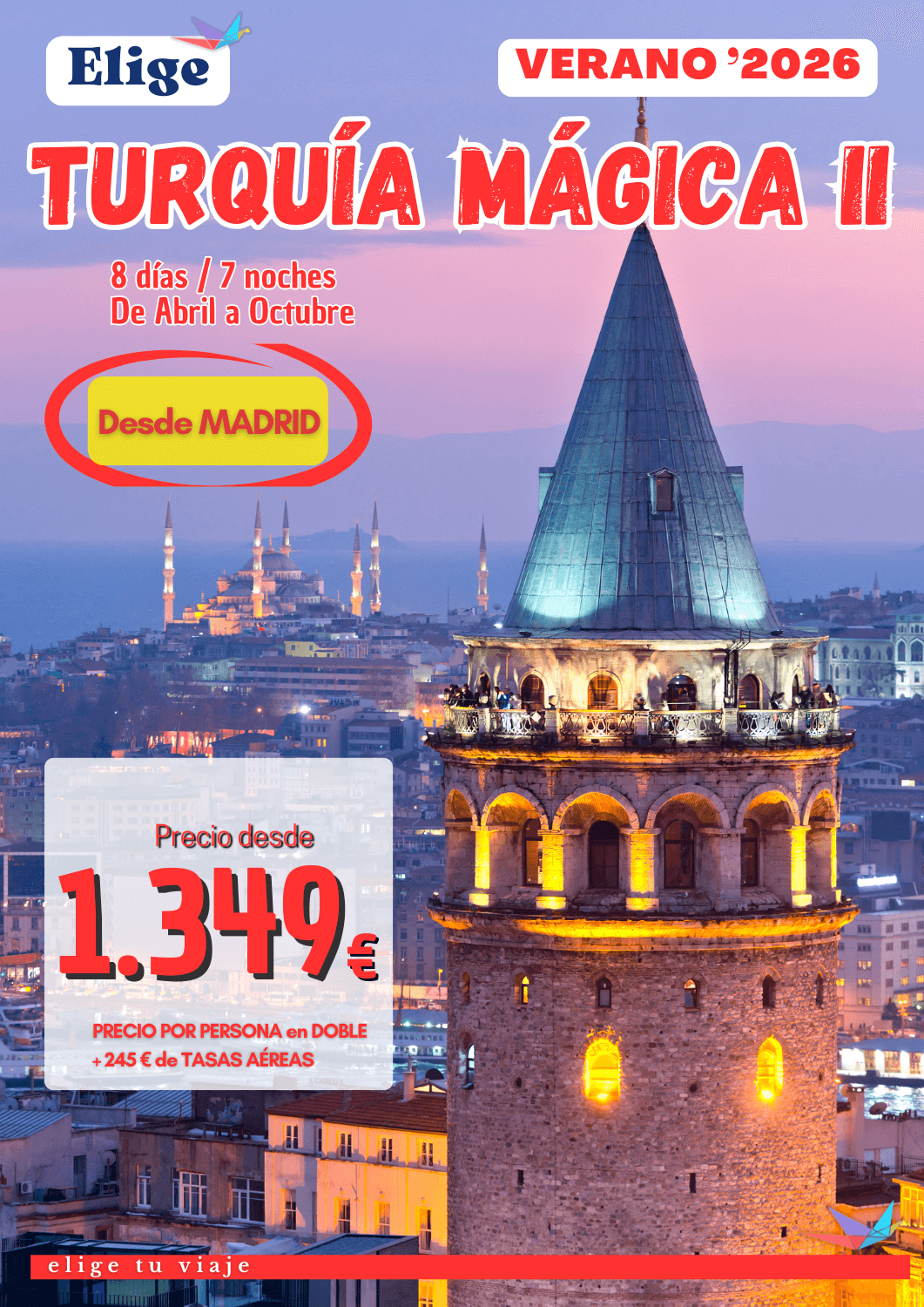 Circuito TURQUÍA MÁGICA II - 8 días/7 noches; verano 2026 desde Madrid. Incluye: vuelo regular Madrid-Estambul y Esmirna-Estambul-Madrid con maleta facturada de 20kg; 7 noches en los hoteles previstos o similares según opción elegida, en habitaciones estándar con baño-ducha privado; régimen según indicado en programa (7 desayunos + 4 cenas); visitas/excursiones indicadas en el programa con guía local de habla hispana y entradas; traslados aeropuerto-hotel-aeropuerto y seguro turístico de viaje básico (inclusión), para agencias de viajes con ELIGE TU VIAJE.